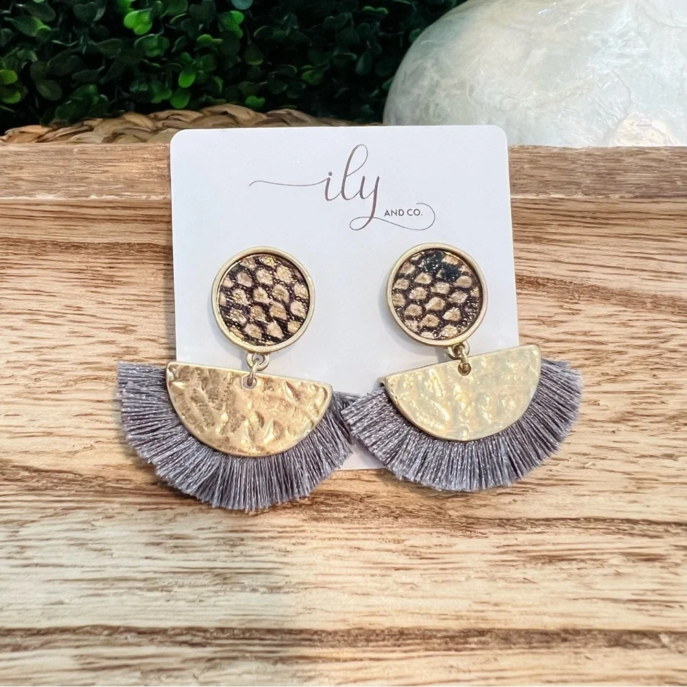 New Gold and Gray Fringe Dangle Earrings Faux Snake Skin Accent | Lightweight